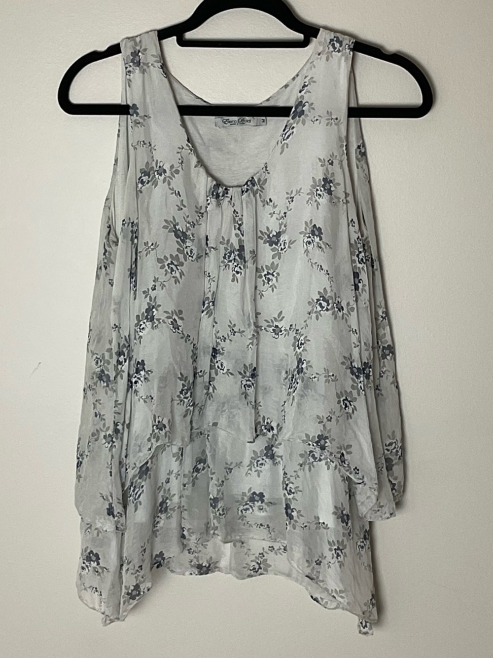 Elena Baldi Gray Floral Tiered Silk Sleeveless Top Feminine Flowy Romantic